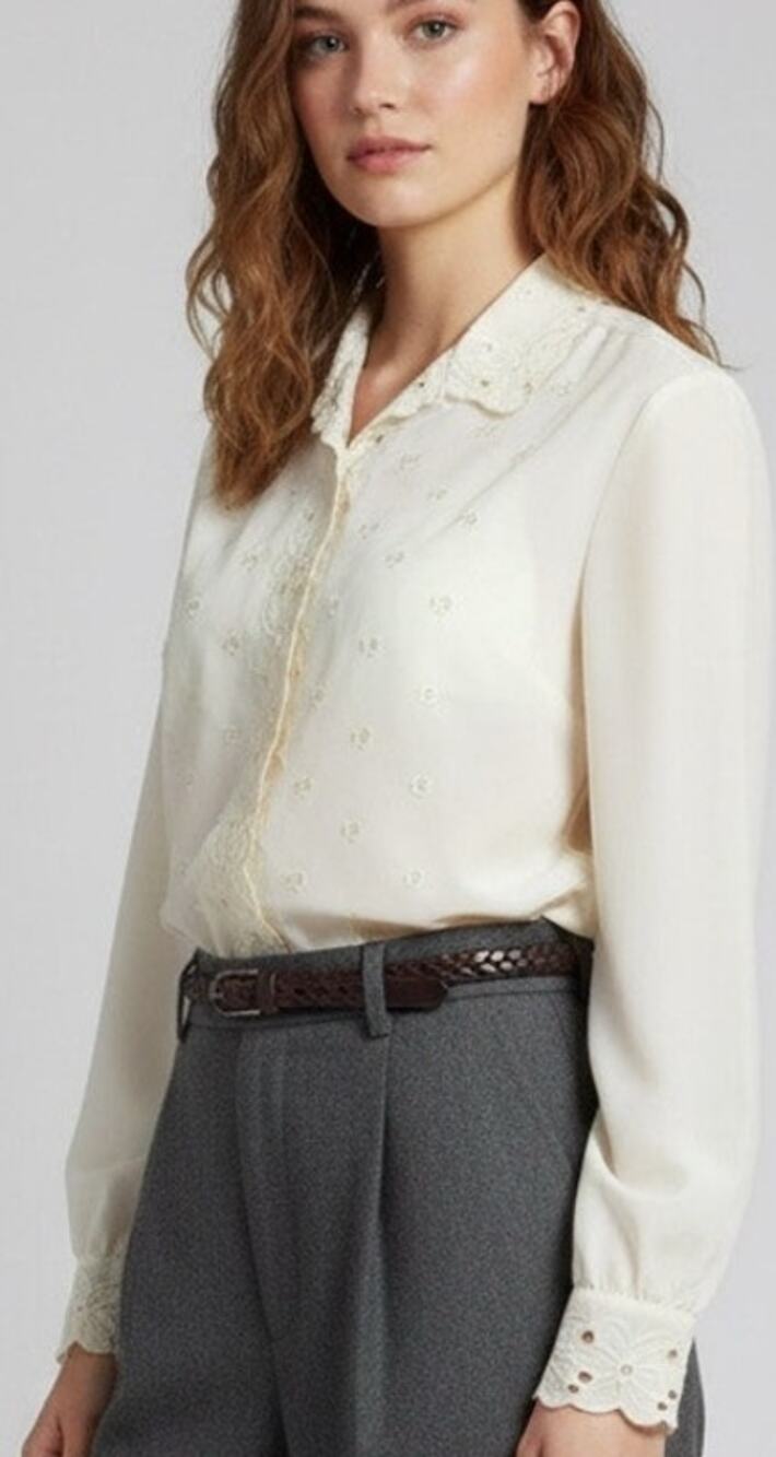 Vintage Cream Colored Grandma Chic Cutwork Lace Semi-Sheer Blouse